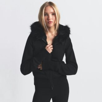 COTTON FLEECE FAUX FUR LINED ZIP UP HOODIE