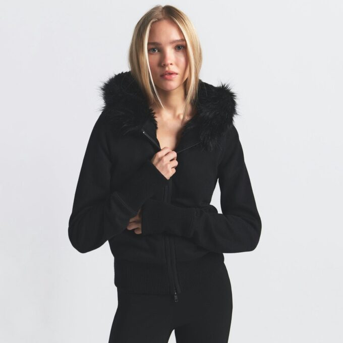 COTTON FLEECE FAUX FUR LINED ZIP UP HOODIE