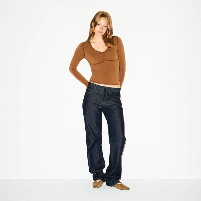 COTTON JERSEY SHIRRED BUST LONG SLEEVE