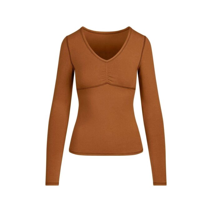 COTTON JERSEY SHIRRED BUST LONG SLEEVE