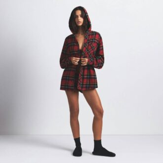 FLANNEL SLEEP OVERSIZED HOODED BUTTON UP SHIRT