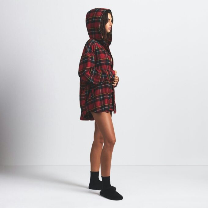 FLANNEL SLEEP OVERSIZED HOODED BUTTON UP SHIRT