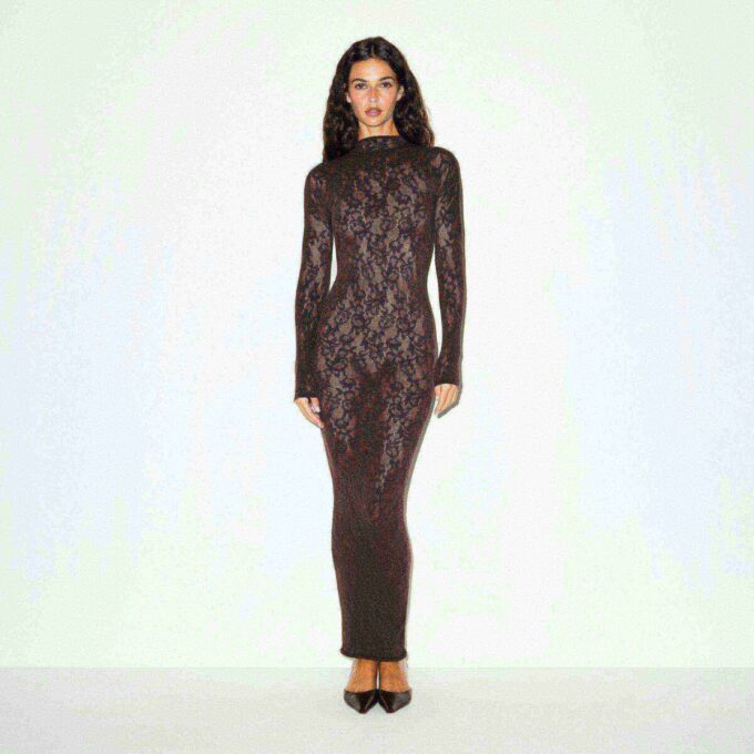 KNIT LACE MOCK NECK LONG DRESS