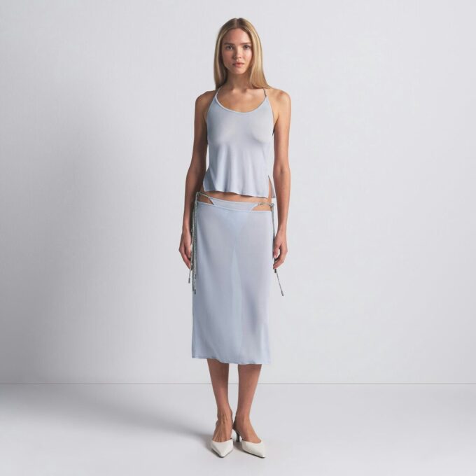 RHINESTONE KNIT TIE SIDE MIDI SKIRT