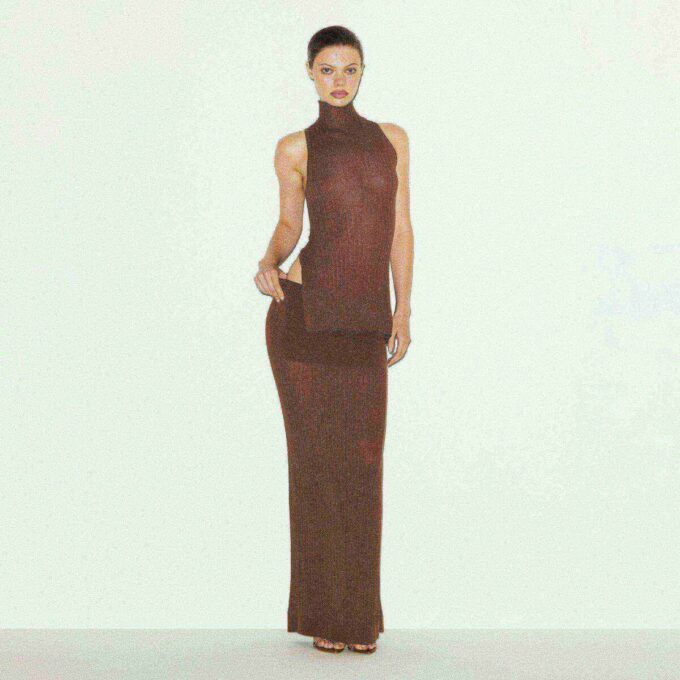 SHEER KNIT FOLDOVER LONG SKIRT