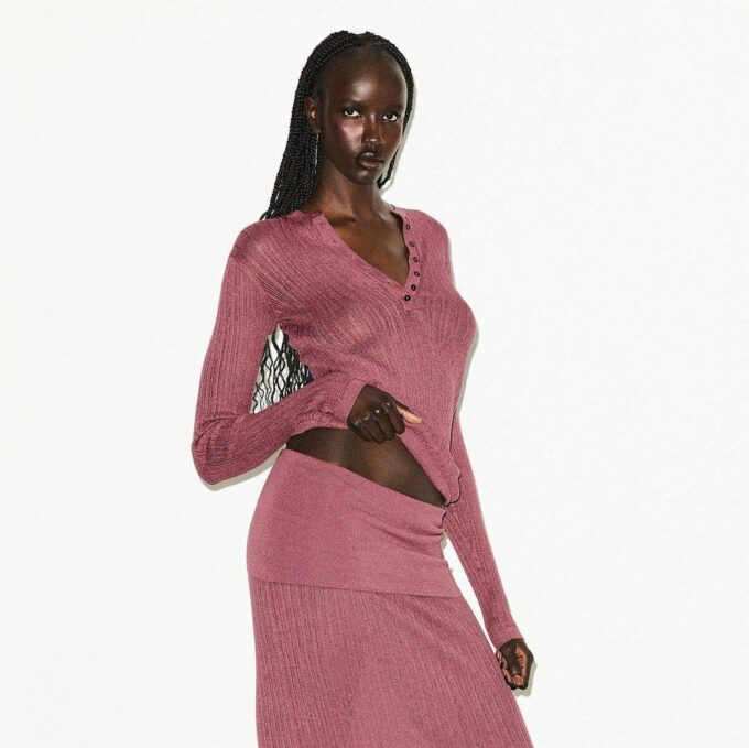 SHEER KNIT LONG SLEEVE HENLEY