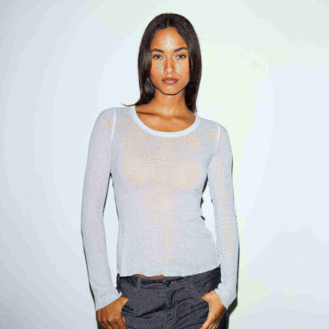 SHEER RIB LONG SLEEVE CREW NECK TOP