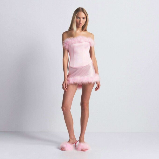 SILK FEATHER TRIM LOW RISE MINI SKIRT