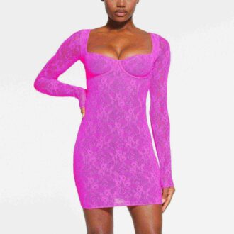 STRETCH LACE LINED LONG SLEEVE UNDERWIRE DRESS